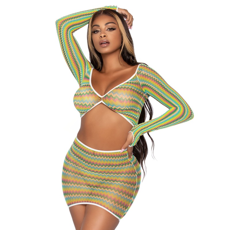2 Pc Zig Zag Net Crop Top and Mini Dress – One Size – Green