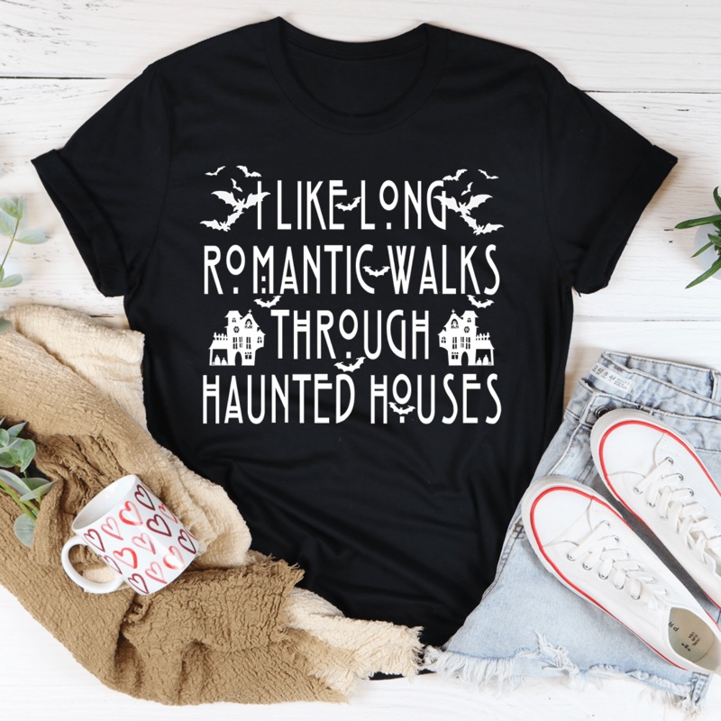 I Like Long Romantic Walks Through Haunted Houses Tee Black Heather S