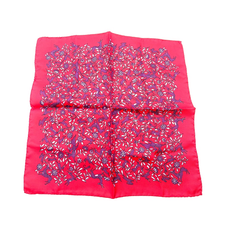 MENS Red Pocket Square With a Purple Deer and Floral Design
