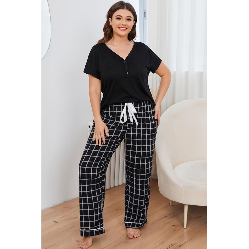 Plus Size V-Neck Top and Plaid Pants Lounge Set Black 1XL