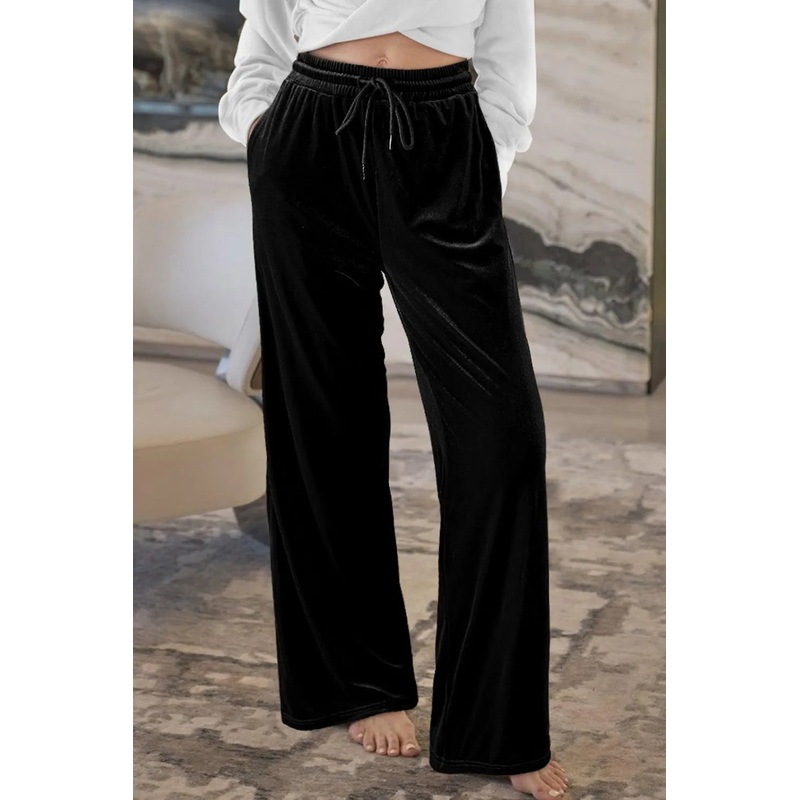 Drawstring Waist Wide Leg Active Pants Black S