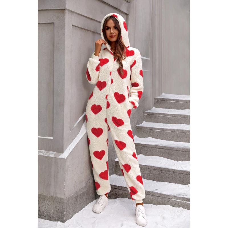 Fuzzy Heart Zip Up Hooded Lounge Jumpsuit Deep Red S