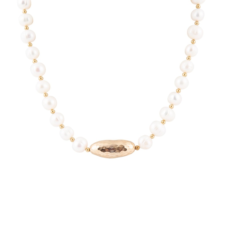 White Pearl Golden Beaded Strand Necklace