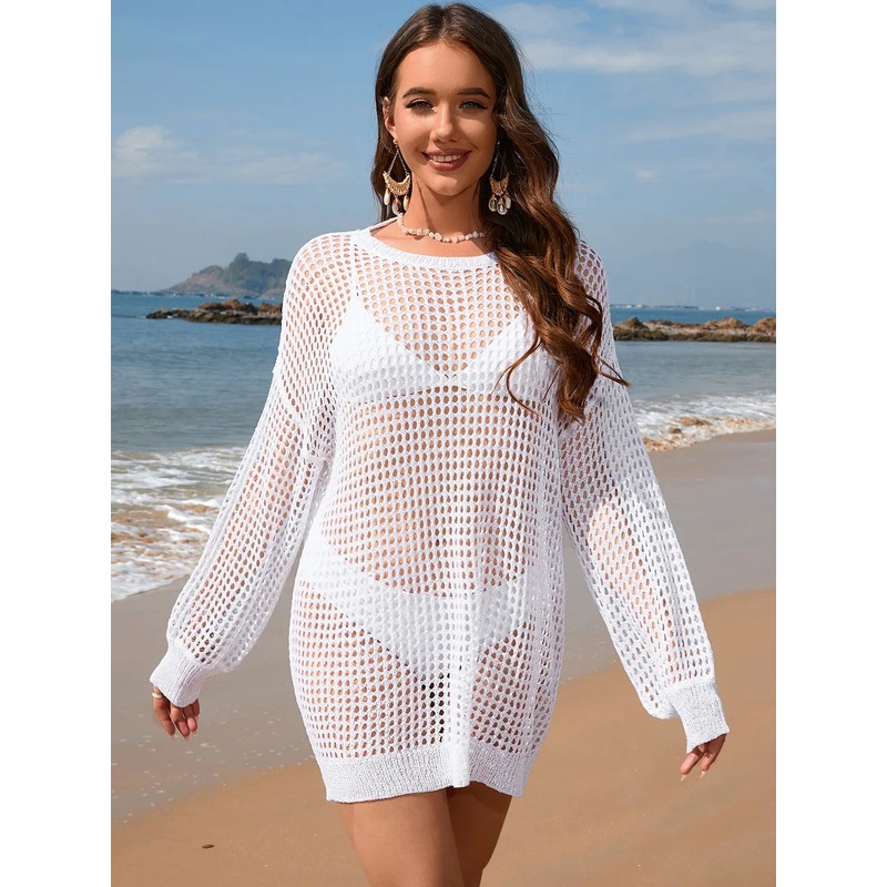 Backless Boat Neck Long Sleeve Cover Up White S
