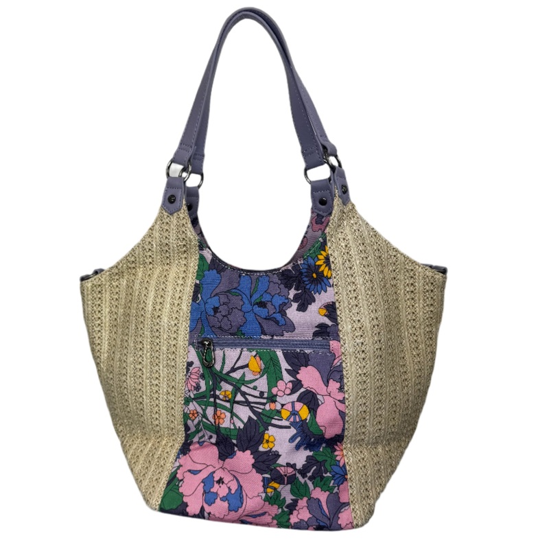 Beige Woven With Purple Floral Stripe Shoulder Bag