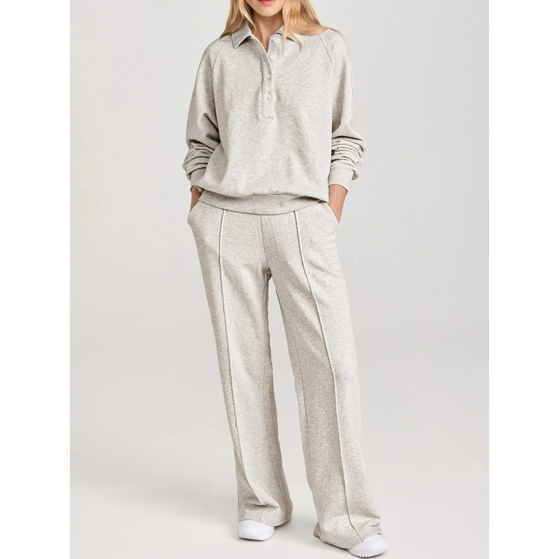 Collared Sweatshirt and High Waist Pants Active Set Light Gray M