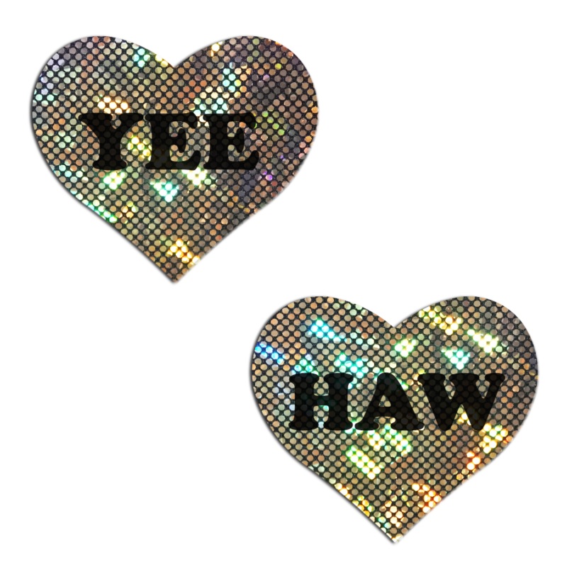 Love: ‘YEE HAW’ in Black on Gold Glitter Disco Heart Nipple Pasties by Pastease o/s