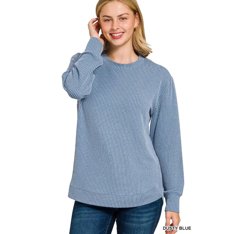 Zenana Full Size Raised Rib Round Neck Long Sleeve Top Plus Size DUSTY BLUE S