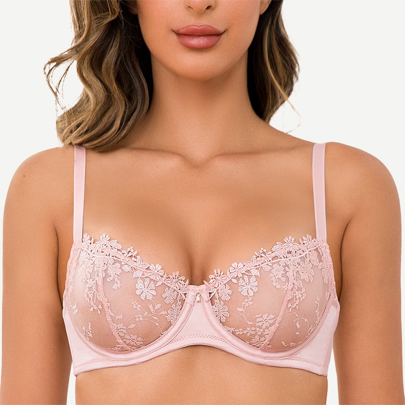 See Through Underwire Demi Sheer Bralette Bra Pink 34B/75B
