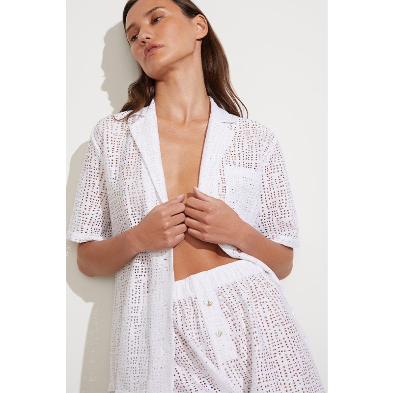 Eyelet Lace Island Shirt in White XS White Single
