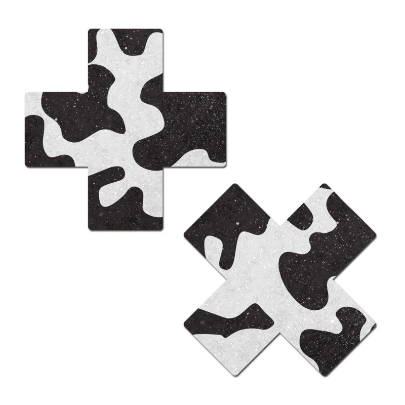 Plus X: Black & White Cow Print Cross Nipple Pasties by Pastease