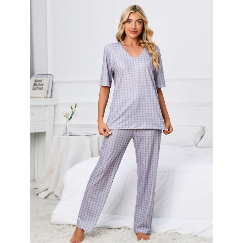 Printed V-Neck Top and Pants Lounge Set Cloudy Blue S
