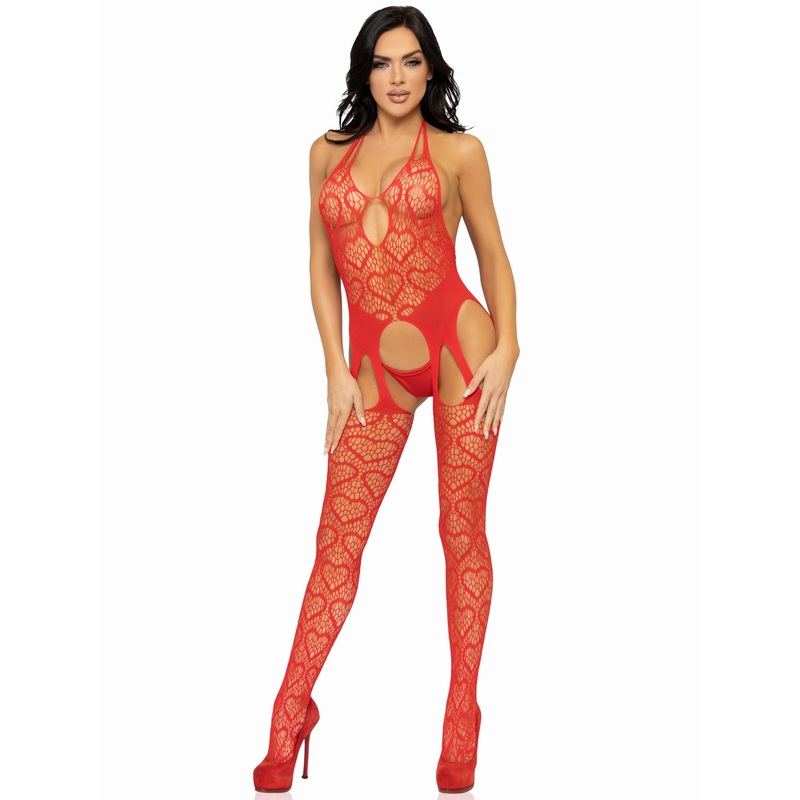 Seamless Heart Net Suspender Bodystocking – One Size – Red