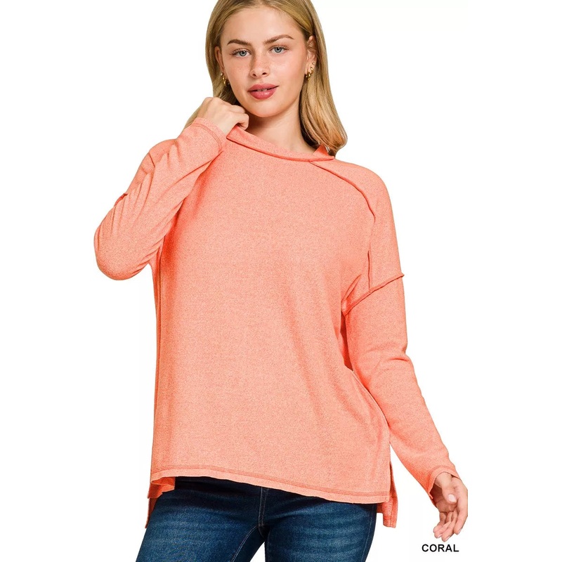 Zenana Full Size Melange Hacci Exposed Seam Hi-low Tee Plus Size CORAL S/M