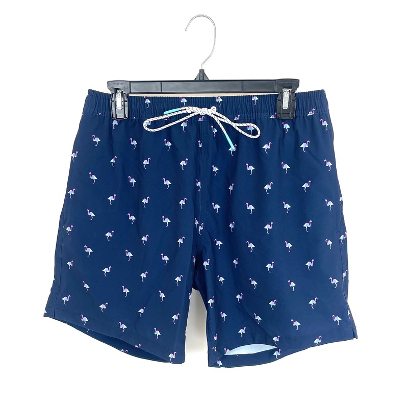 MENS Navy Swim Shorts With Purple Flamingos – Medium Size Medium – 5″ Inseam