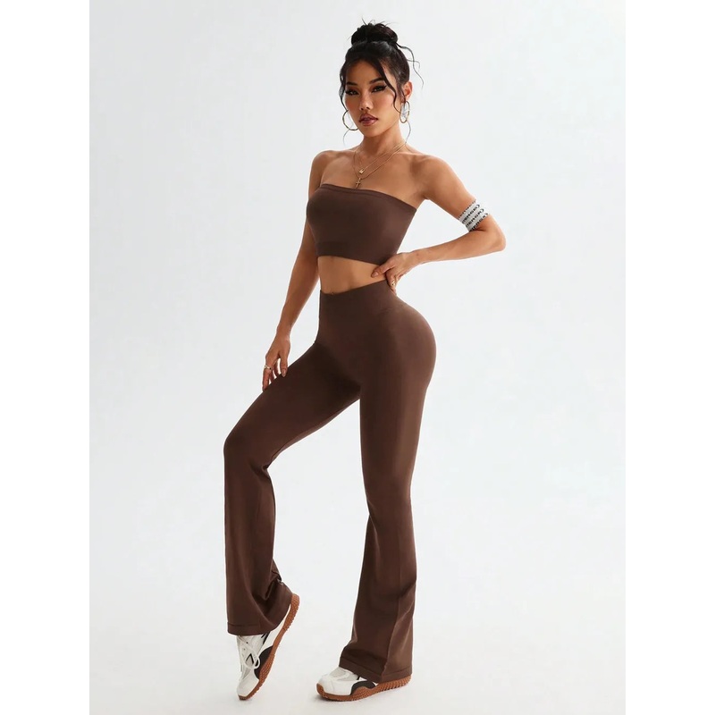 Tube Top and High Waist Flare Pants Active Set Brown S