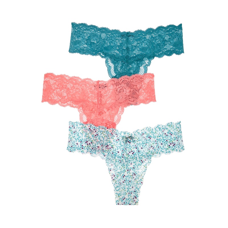 3 Pack Cutie Thong Floral Blu Venezia, Light Jade, Quartz Pink One Size