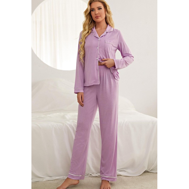 Contrast Piping Button Down Top and Pants Loungewear Set Purple S