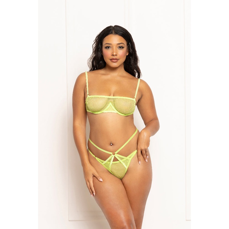 2 Pc Fishnet and Strappy Elastic Bra and Thong Set – One Size – Lime