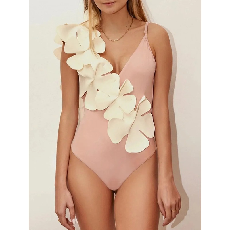 Contrast Flower Spaghetti Strap One-Piece Swimwear Pale Blush S