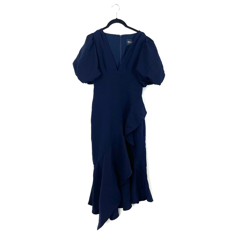 Navy Blue V-Neck Sheath Ruffle Dress – Size 4/6