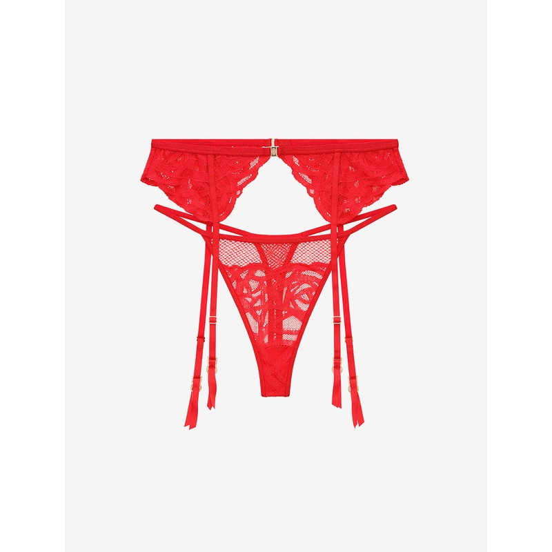 Rose Lace Thong & Garter Set red XS