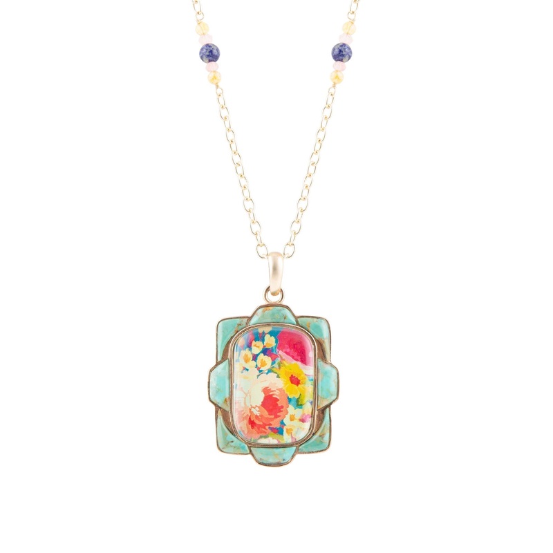 Scenic Floral and Blue Turquoise Golden Pendant Necklace