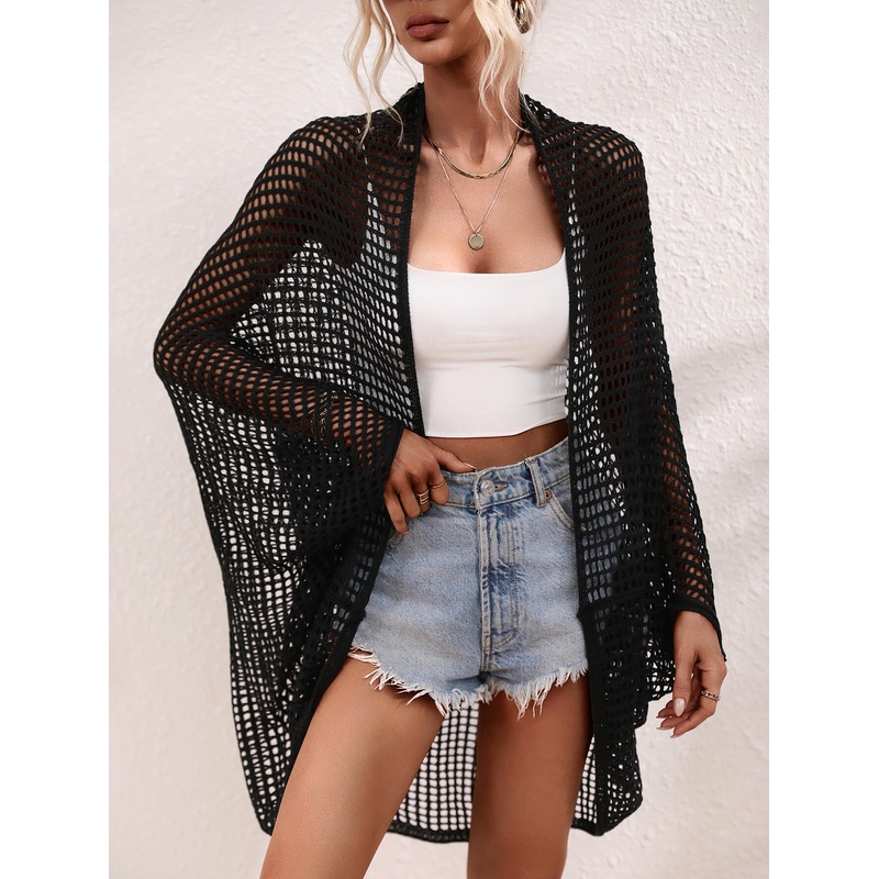 Openwork Open Front Longline Cover Up Black S