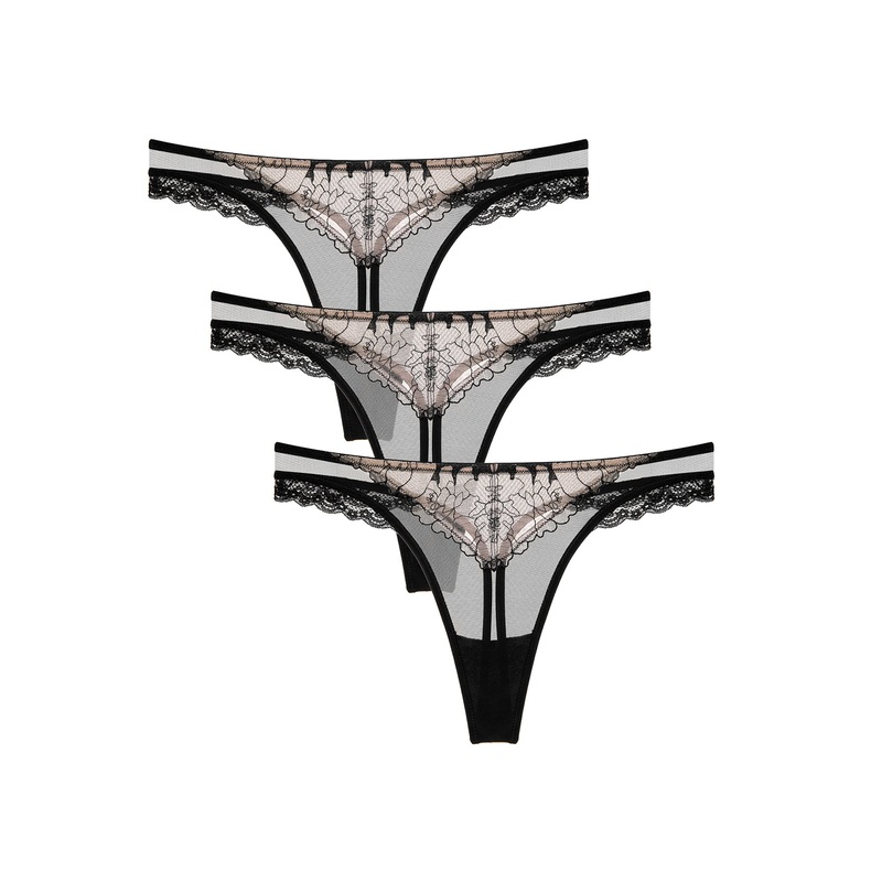Sexy Embroidered Low Waist 3PCS Black S