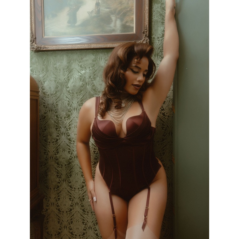 Rising Star Plunge Push Up Corseted Teddy in Petra Satin Burgundy S