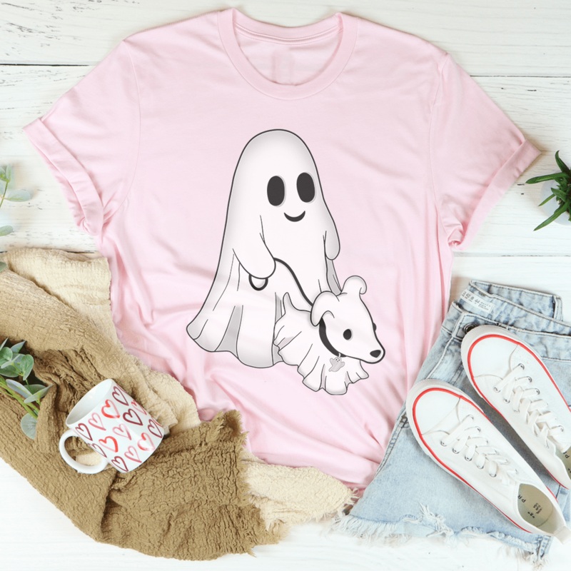 Cute Ghost Walking Dog Tee Black Heather S