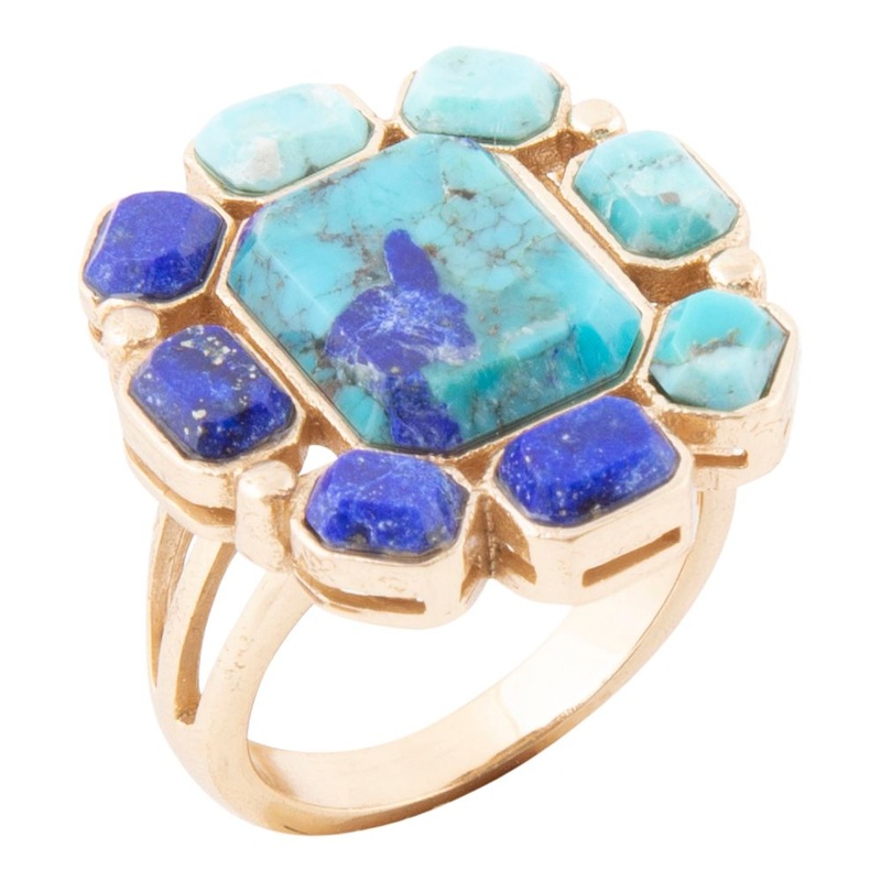 Duality Blue Lapis and Turquoise Golden Statement Ring 7