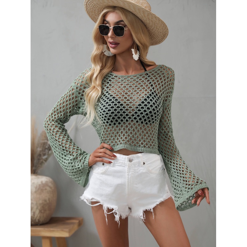 Openwork Flare Sleeve Cropped Cover Up Black S