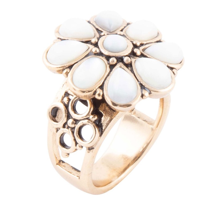 White Hibiscus Mother of Pearl and Golden Ring 7