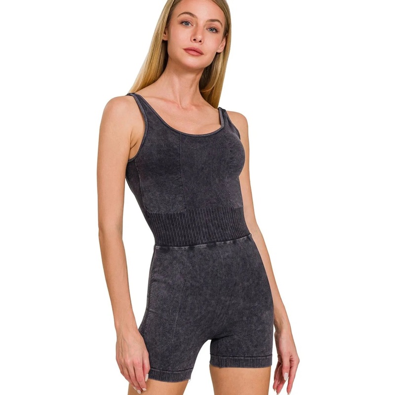 Zenana Washed Sports Romper With Removable Bra Pad BLACK S/M