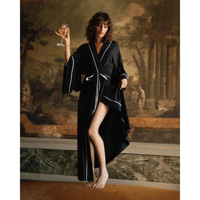 Kimono Da Camera Nero/Moon Ivory Taglia Unica