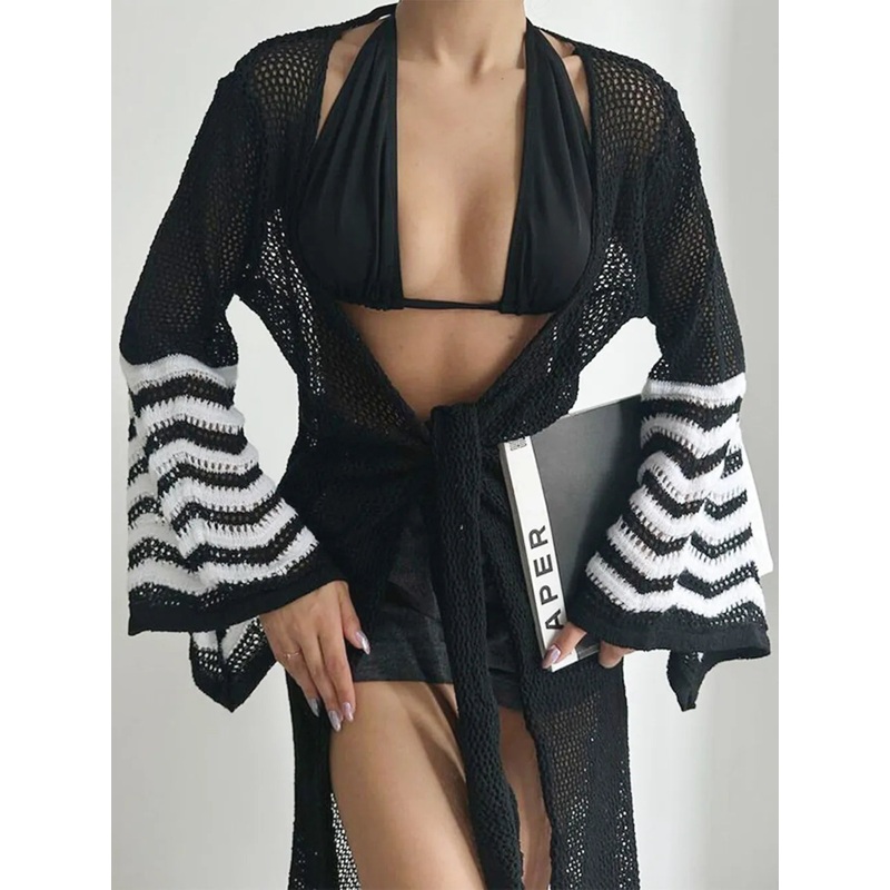Openwork Striped Flare Sleeve Cover-Up Black One Size