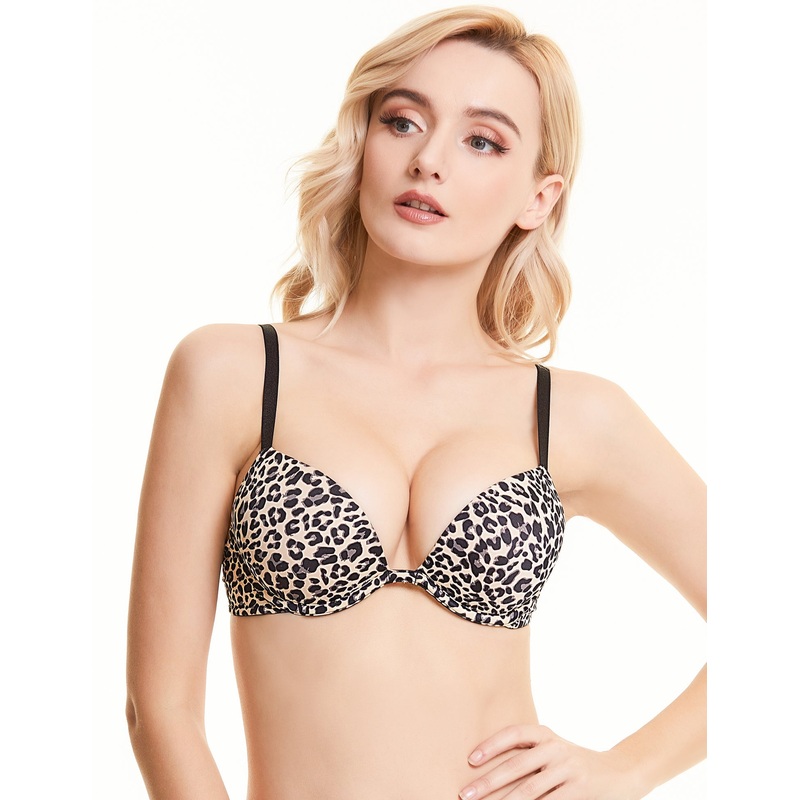 Push Up Deep V Plunge Underwire T-Shirt Bra Leopard Print 32B/70B
