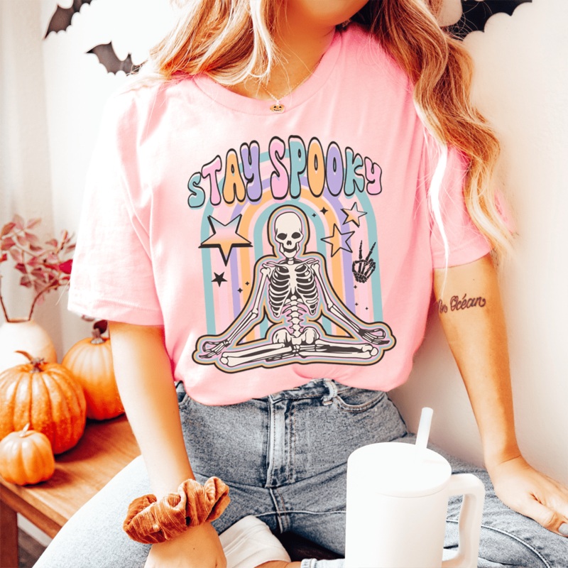 Stay Spooky Skeleton Tee Pink S