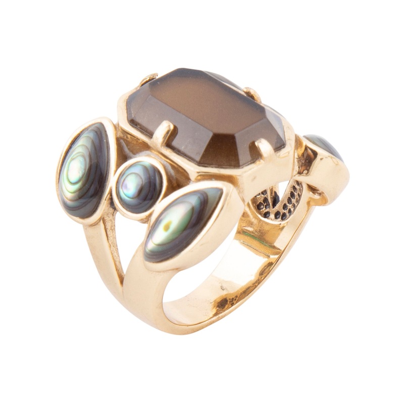 Tribecca Smoky Brown Quartz and Abalone Statement Golden Ring 7