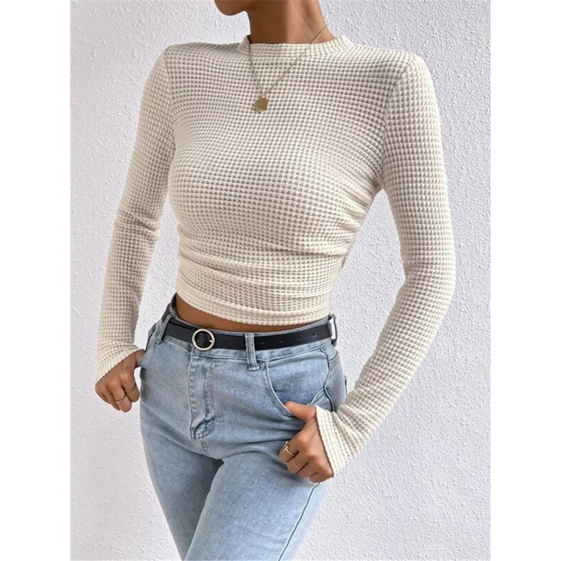 Waffle Knit Long Sleeve T-Shirt Beige S