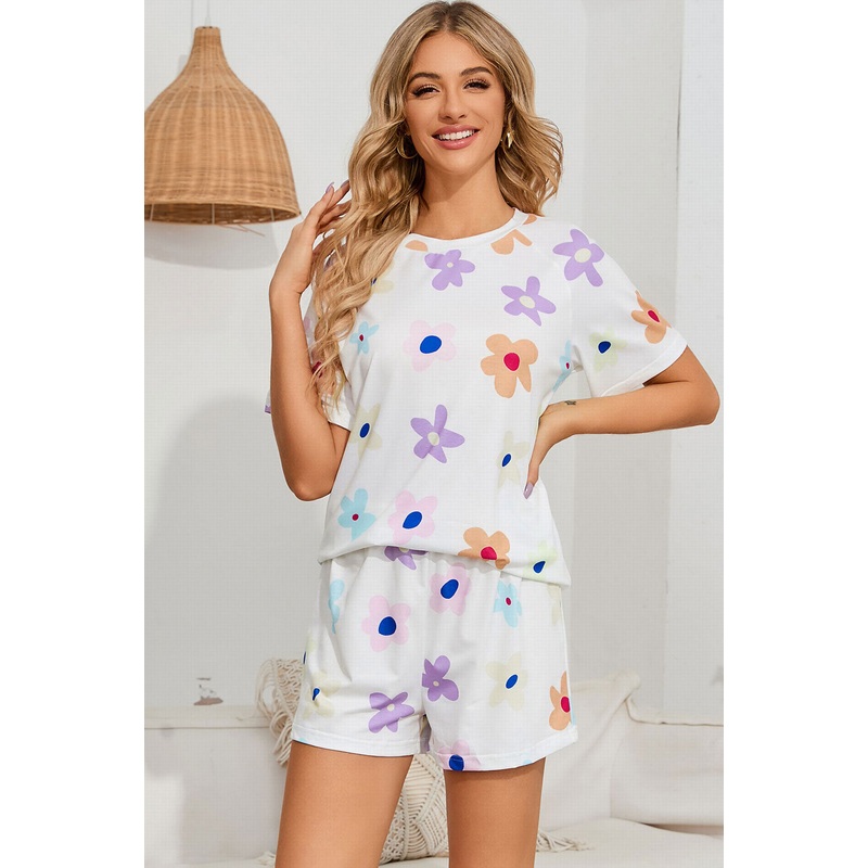 Floral Round Neck Raglan Sleeve Top and Shorts Lounge Set White S
