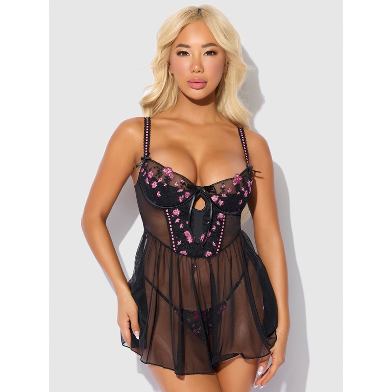 Harlow Embroidered Mesh & Elastic Longline Babydoll Black/Pink Dragon S