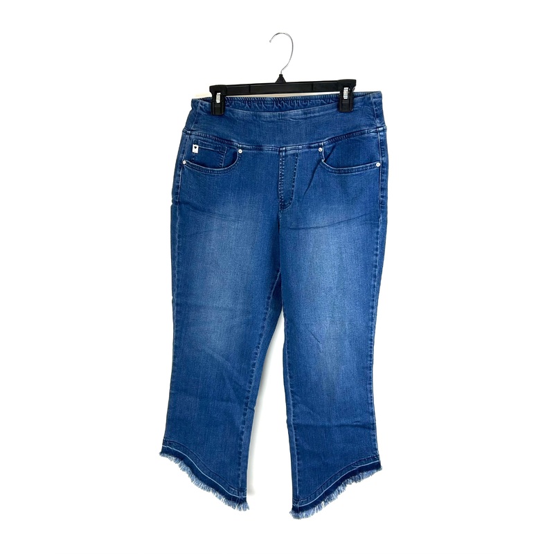 Medium Wash Crop Diagonal Frayed Hem Jeans – Size 12