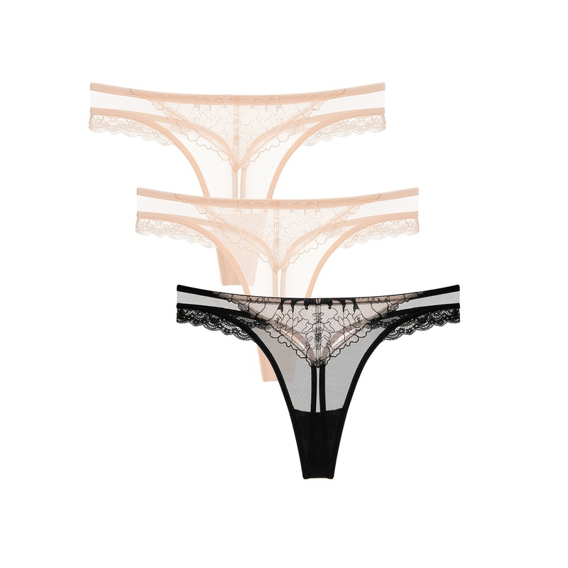 Sexy Embroidered Low Waist 3PCS Black Nude S