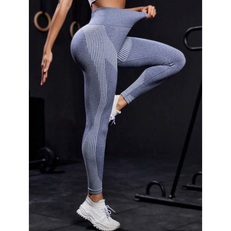 Striped High Waist Active Pants Dusty Blue S