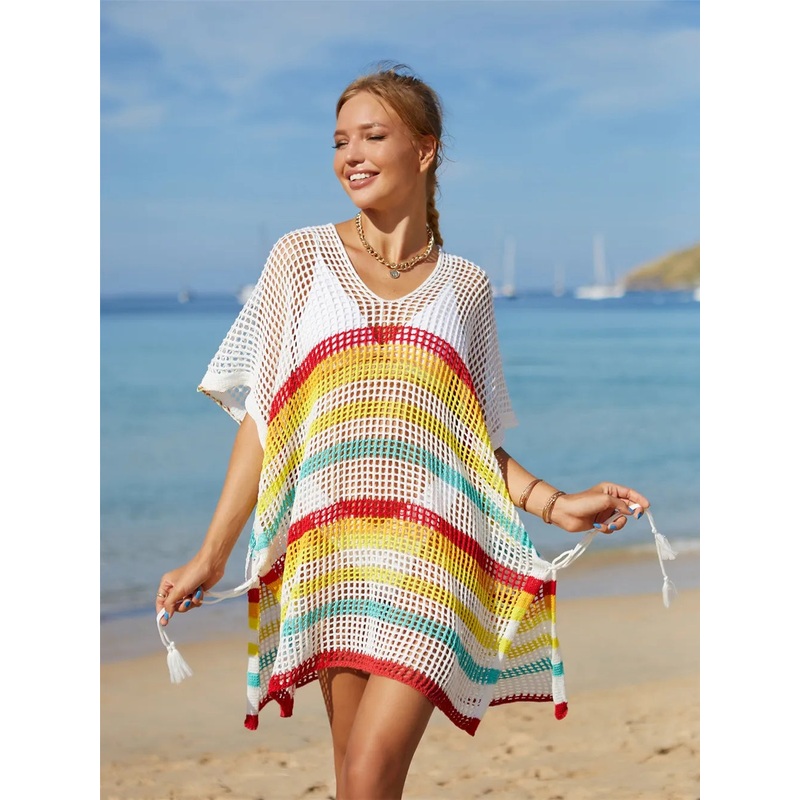 Angel Wings Cutout Striped Cover-Up with Tassel Gold One Size