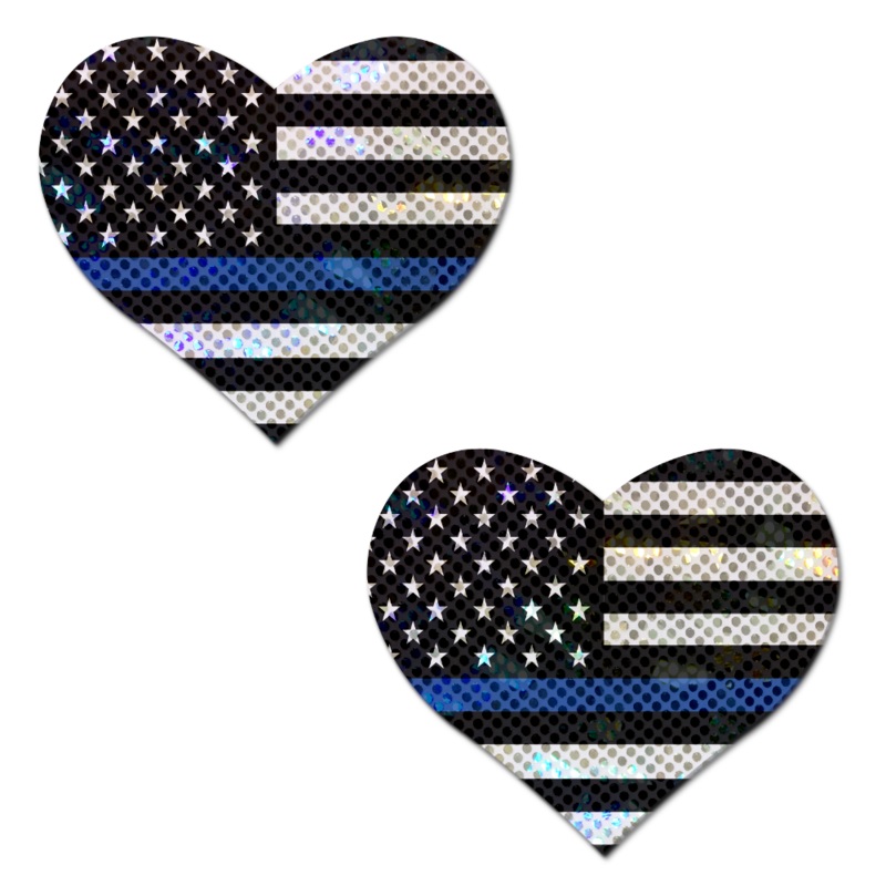 Love: Thin Blue Line American Flag Flashy Heart Nipple Pasties by Pastease
