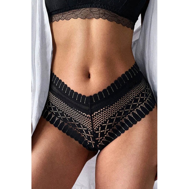 Plus Size Feather Lace Cheeky Panty Black 1X/2X