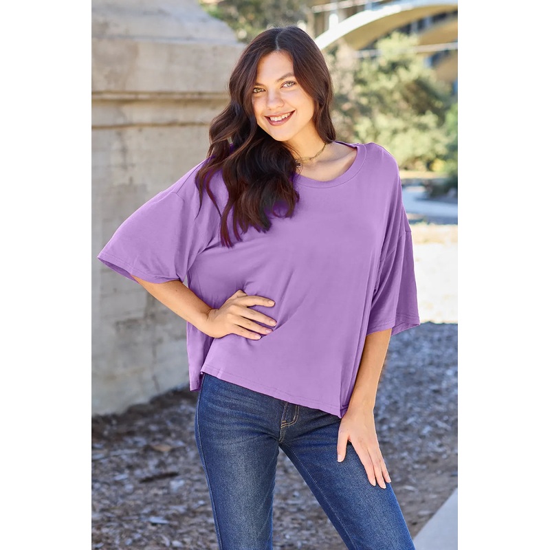Basic Bae Bamboo Full Size Round Neck Drop Shoulder T-Shirt Lavender S